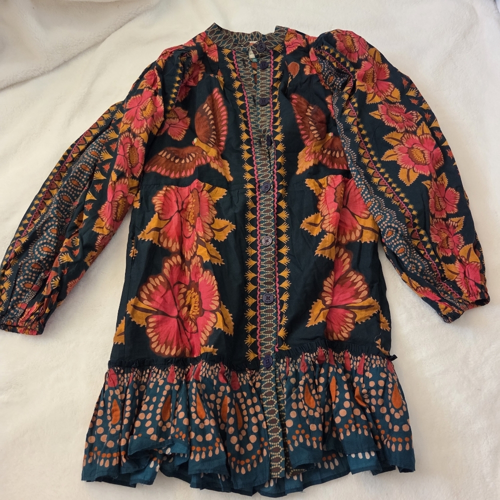 Farm Rio Ainika Sparkle Teal Puff Sleeve Mini Dress SIZE XS